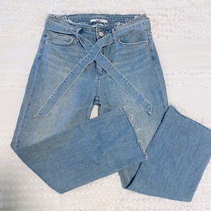 Frayed Cropped Tie Waist Denim Jeans